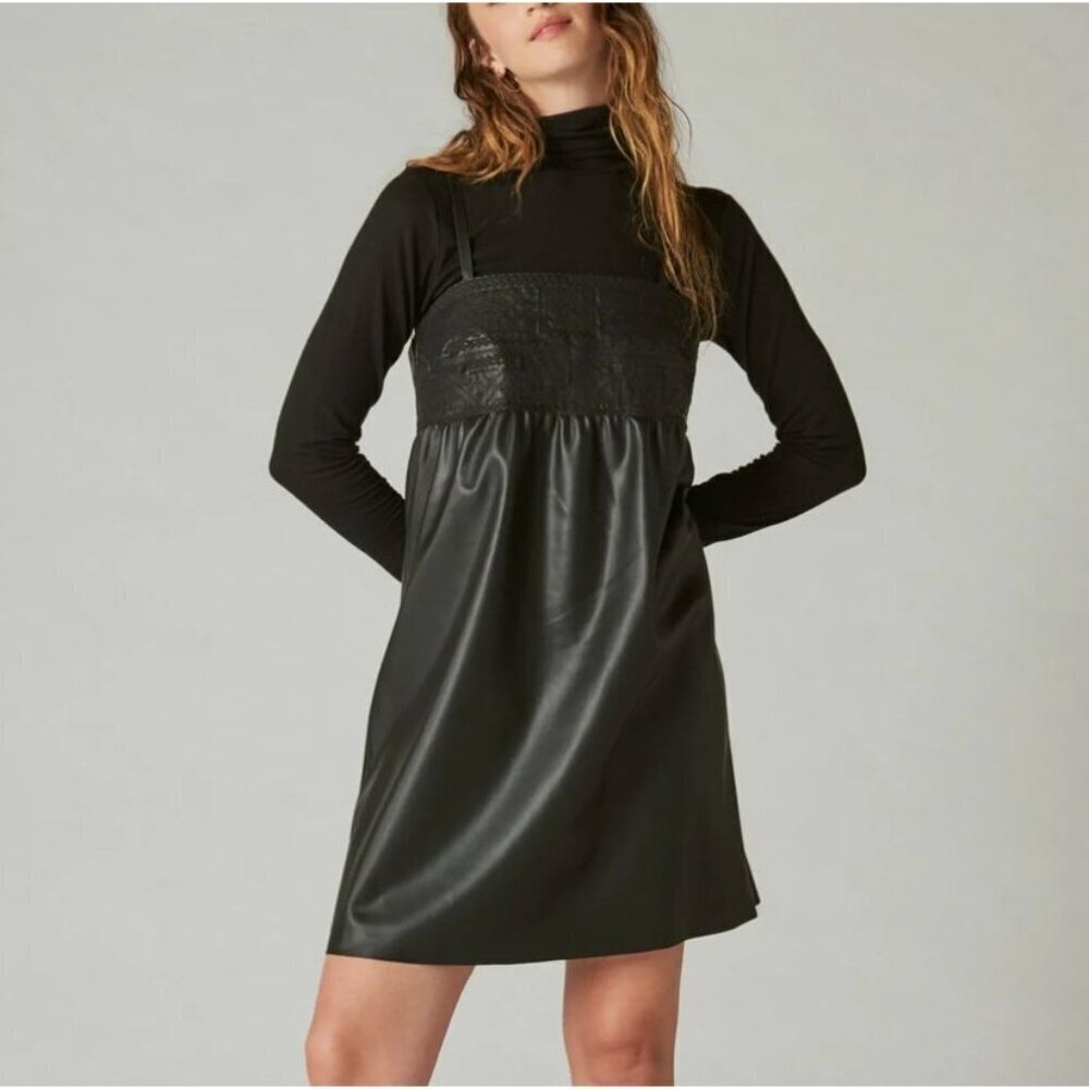 NWT Lucky Brand Leather Embroidered Mini Dress Size M Black 7W92605
